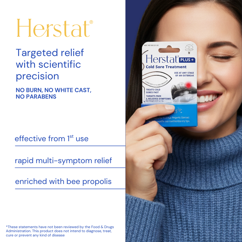 Woman holding Herstat Plus cold sore treatment packaging with product details on a white background